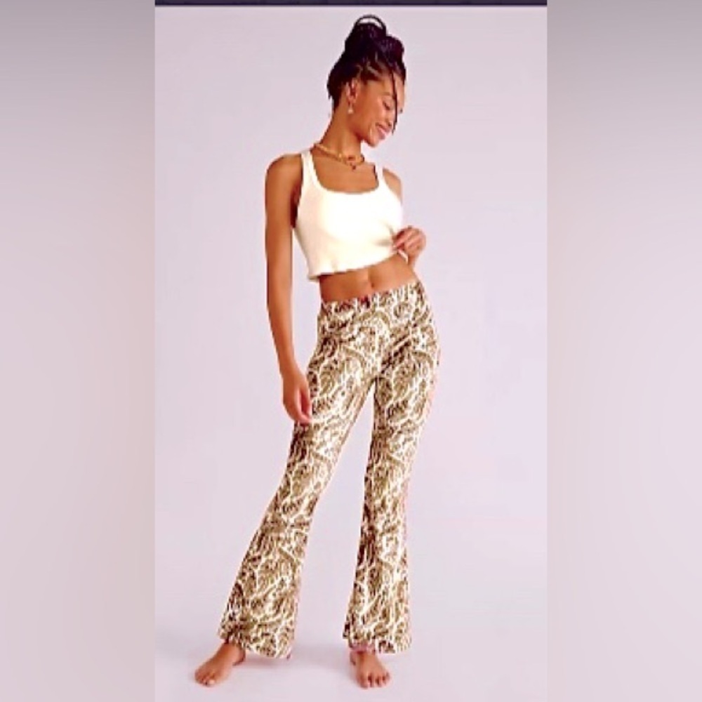 Free people tan paisley pants S $98 boho wide leg fall bell bottom fall casual